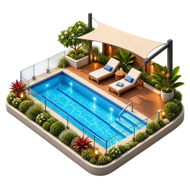 Prestige Park Lane swimming pool with leisure deck, seating and planted surroundings