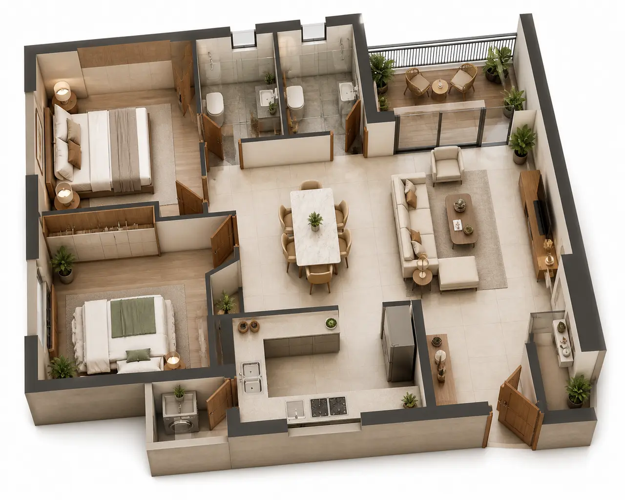 Conceptual three-dimensional two-bedroom apartment planning study