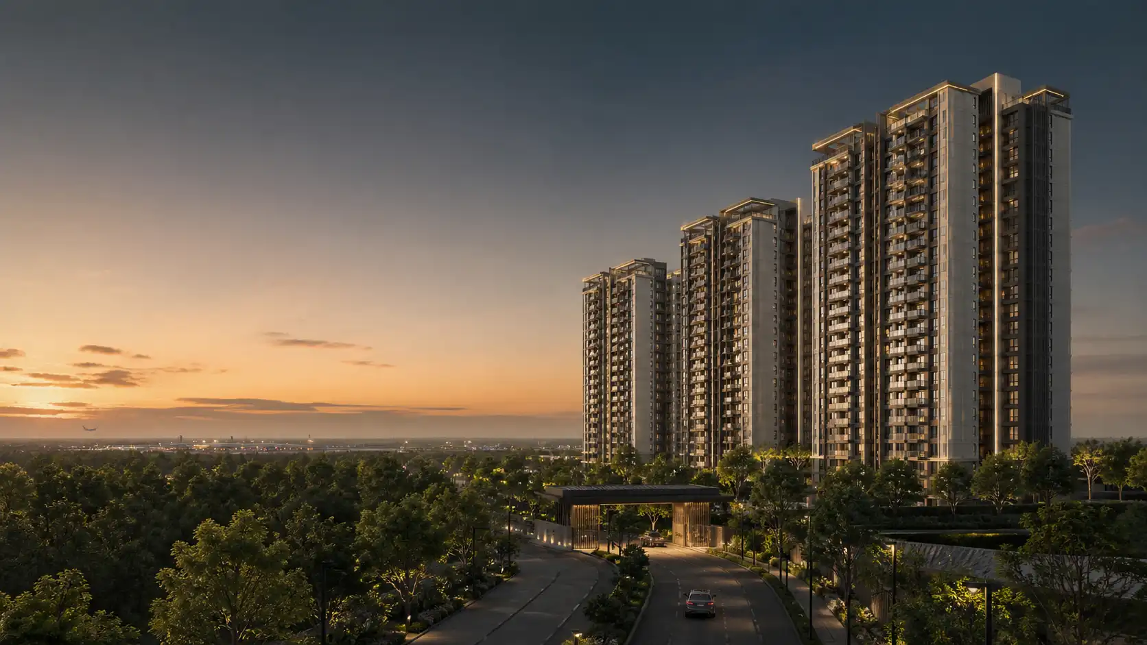 Artist impression of a contemporary apartment community in a landscaped Bengaluru setting